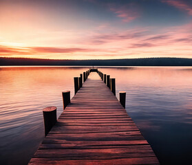 Fototapeta premium A vibrant sunset paints the sky over a serene lake. Generative AI