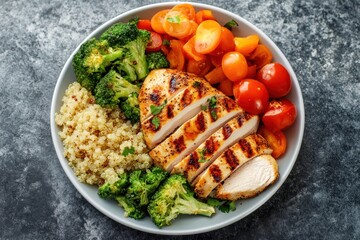 Grilled chicken breast served with fresh broccoli, quinoa, and colorful roasted vegetables on a stylish plate.