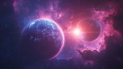 Blue and Pink Planet with Two Suns in Deep Space