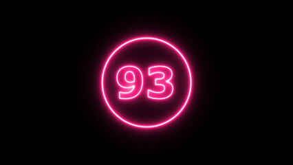 Glowing neon number 93  , neon light colorful number of illustration on black background.  Glowing neon lighting on dark background. Numbers futuristic style