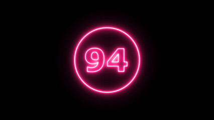Glowing neon number 94 , neon light colorful number of illustration on black background.  Glowing neon lighting on dark background. Numbers futuristic style
