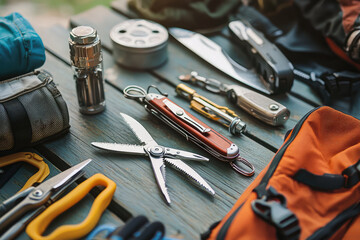 Fototapeta premium A close up of multi tool and survival gear laid out on wooden surface, showcasing various tools and accessories for outdoor activities. arrangement highlights practicality and versatility of equipment