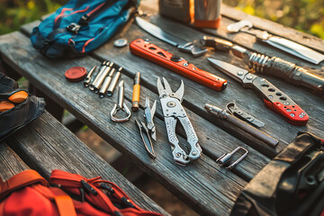 Fototapeta premium A close up of multi tool and survival gear laid out on wooden table, showcasing various tools and equipment for outdoor activities. arrangement highlights essential items for adventure and exploration