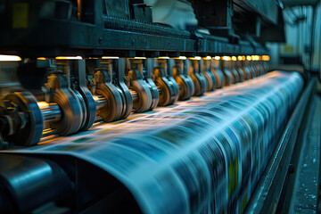 Fototapeta premium A close up of newspaper being printed on printing press, showcasing intricate machinery and vibrant colors of printed pages. scene captures dynamic process of newspaper production, evoking sense of in