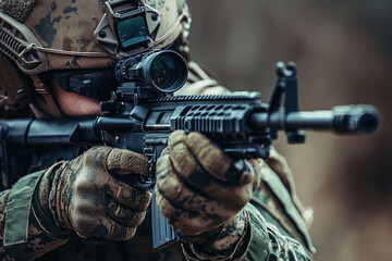 A close up of Special Forces soldier aiming rifle, showcasing intense focus and readiness. soldier is equipped with tactical gear and high tech scope, emphasizing military precision and strength