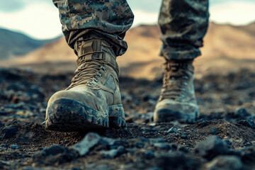 A close up of Special Forces soldiers boots on rugged terrain, showcasing durability and design essential for challenging environments. boots reflect strength and readiness