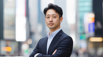 A portrait of a confident Asian businessman standing in a city environment. He is wearing a suit and tie, and his arms are crossed. His expression is determined and focused. This image conveys profess