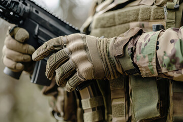 A close up of Special Forces soldiers tactical glove, showcasing its detailed design and functionality. soldier is equipped with firearm, emphasizing readiness and precision in military context
