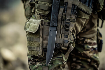 Fototapeta premium A close up of Special Forces soldiers tactical knife, showcasing its sleek design and functionality. knife is securely attached to soldiers gear, emphasizing readiness and precision in field