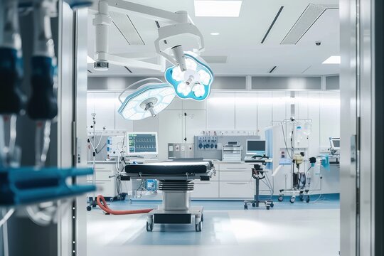 Interior of empty operation theater in a hospital Operating table, surgical lights and monitoring equipment in operation room. Interior of empty operation theater in a hospital.