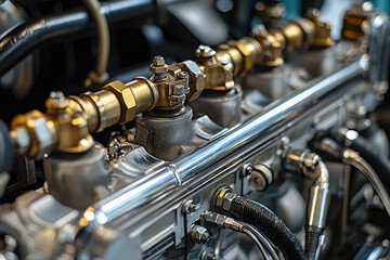 Obraz premium A close up of an engines fuel rail and injectors showcases intricate details and precision engineering, highlighting essential components for fuel delivery