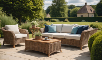 A wicker sofa and armchair sit on a stone patio overlooking a lush green lawn and a stone cottage in the distance
