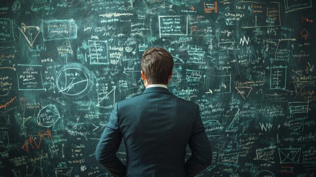 Man Contemplating a Chalkboard Filled with Ideas and Strategies