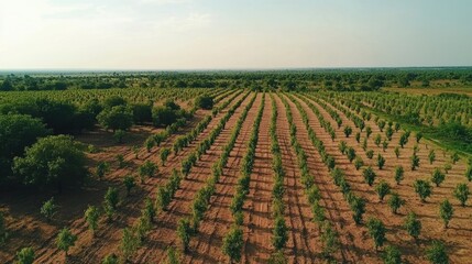 Fototapeta premium A wide shot of a reforestation project with rows of newly planted trees stretching into the distance, showcasing the scale and impact of the tree-planting efforts.