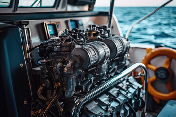Obraz premium A detailed view of marine engine on boat, showcasing its intricate design and components. engine is positioned prominently, reflecting craftsmanship and technology involved in marine engineering