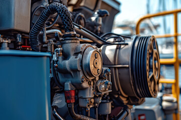 A detailed view of marine engine on boat, showcasing its intricate components and high quality design. image captures mechanical beauty and functionality of marine engineering