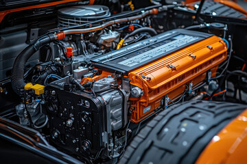 Fototapeta premium A detailed view of an electric vehicles engine and battery showcases advanced technology and engineering. vibrant orange color adds striking visual appeal to intricate components