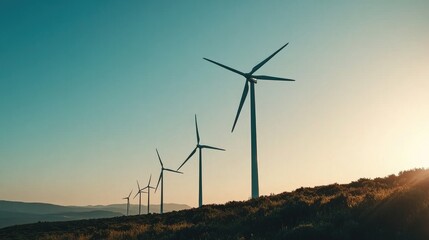 A wind farm with tall turbines turning in a clear blue sky, representing sustainable energy solutions and the impact of renewable resources on the environment.