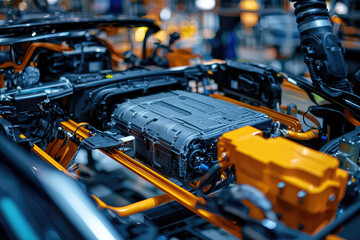 Fototapeta premium A detailed view of an electric vehicles engine and battery, showcasing advanced technology and engineering. intricate design highlights components essential for electric mobility