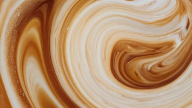 Abstract background of brown and white liquids mixing, creating a mesmerizing and artistic pattern. The swirling motion captures the fluidity and beauty of the colors blending together