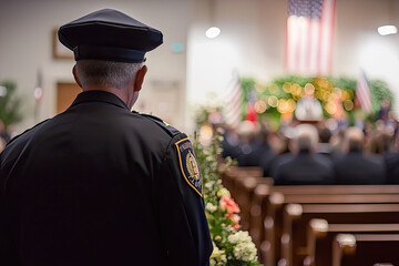 A solemn police officer stands in background during memorial service, reflecting on significance of event. atmosphere is filled with respect and remembrance as attendees gather to honor those lost