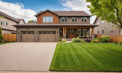 Naklejka premium A two-story house with a double garage and a manicured lawn, on a sunny day