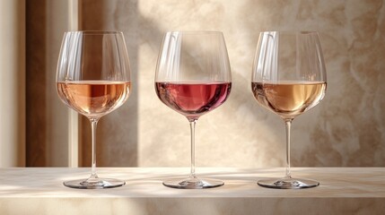 Naklejka premium Elegant display of three wine glasses filled with different shades of wine, perfect for showcasing beverage variety and luxury.