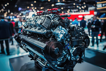 Fototapeta premium A high performance engine on display at an auto show, showcasing intricate design and engineering excellence. vibrant atmosphere highlights automotive innovation and technology