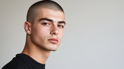 Obraz premium A young man with a buzz cut hairstyle, emphasizing a clean, minimalist look and low-maintenance style, set against a plain background for a focused portrait.