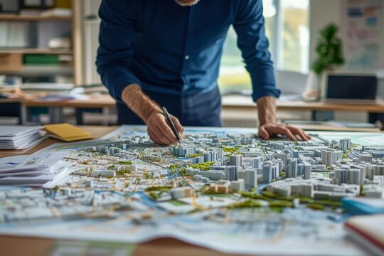 Urban planner analyzing detailed city model for sustainable development and strategic infrastructure design