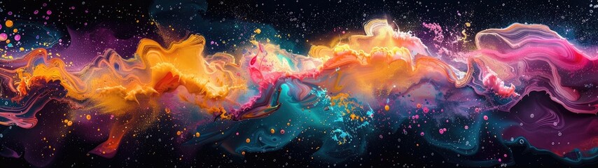 Vibrant abstract digital art with swirling colors of purple, orange, and teal on a dark background, resembling a cosmic explosion.