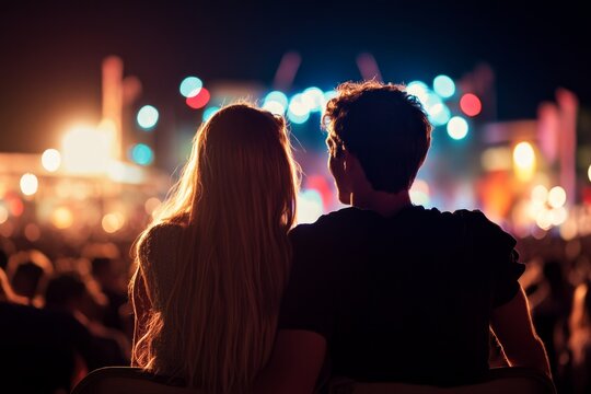 Couple enjoying night concert with vibrant lights and energetic atmosphere