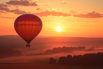 Obraz premium Tranquil hot air balloon ride at sunrise over serene landscape