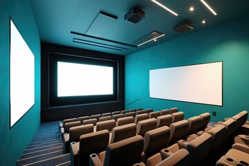 Lonely Cinema with Teal Ambiance and Bright White Screen in Speculative Interior Design