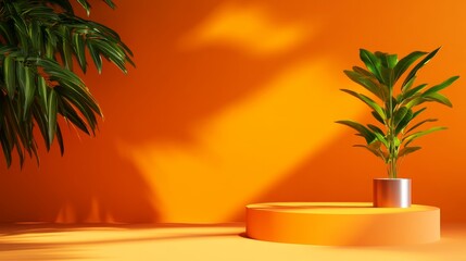 Obraz premium A simple yet elegant 3D of an empty podium on an orange background, perfect for showcasing products. A small plant adds a touch of nature and life to the composition.