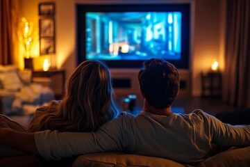 Cozy couple watching movie in comfortable living room with warm lighting