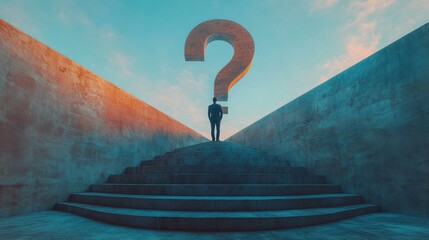Man Standing on Stairs Facing a Question Mark
