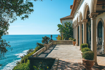 Fototapeta premium A stunning luxury mansion exterior with private beach view, surrounded by lush greenery and elegant architecture. serene ocean adds to tranquil atmosphere