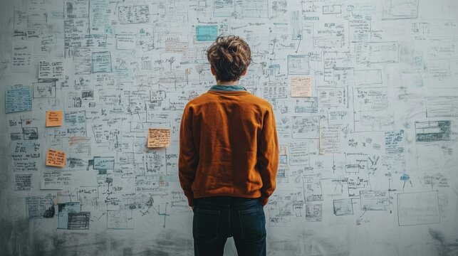 Man Contemplating a Wall of Ideas - Brainstorming and Problem Solving