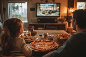 Family night: cozy living room and pizza enjoyed while watching tv