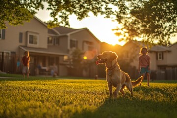 Happy golden retriever playing in sunny backyard with children at sunset