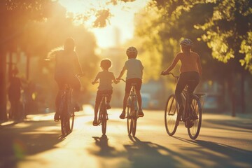 Fototapeta premium Family biking together in a sunlit city street during golden hour