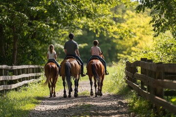 Family horseback ride through sunlit forest path - Powered by Adobe