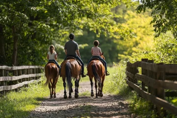 Family horseback ride through sunlit forest path