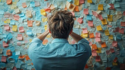 Overwhelmed by Tasks: A Man Surrounded by Sticky Notes
