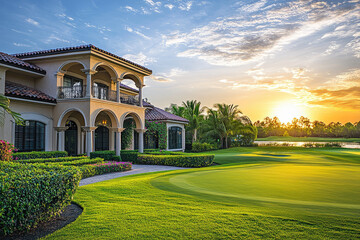Obraz premium A luxury mansion exterior with private golf course, surrounded by lush greenery and vibrant flowers, captures essence of elegance at sunset. serene atmosphere invites relaxation and enjoyment