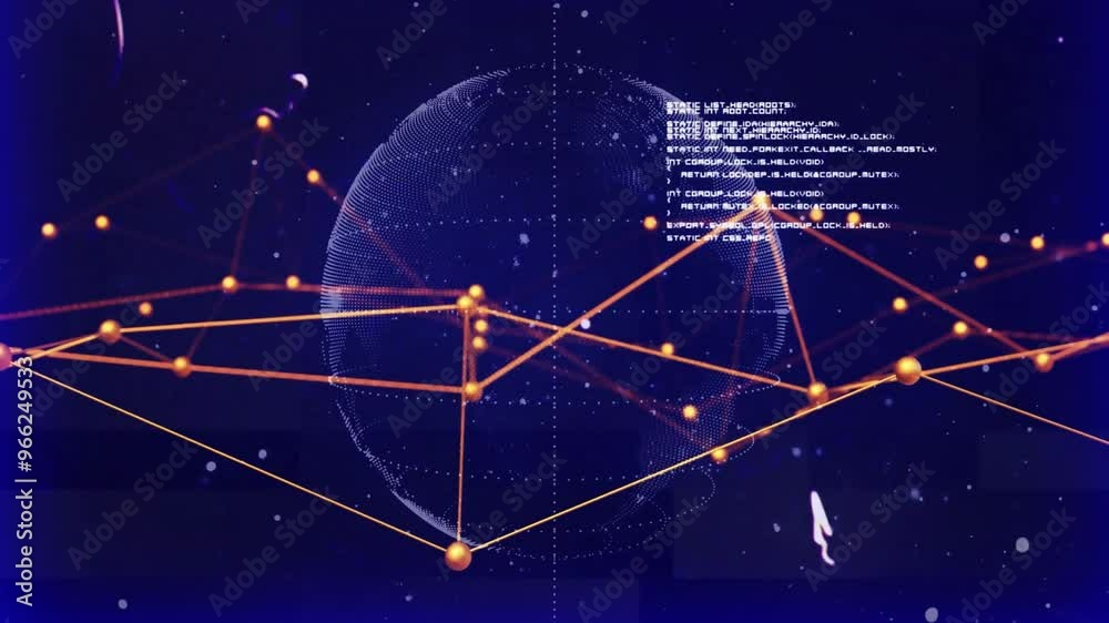 Poster animation of network of connections over data processing on black background