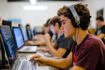 Focused young programmer with headphones coding at computer in classroom setting