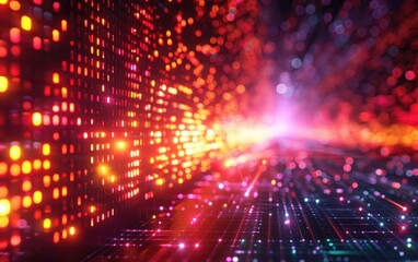 Obraz premium Vibrant abstract digital background with glowing lights and geometric patterns, perfect for technology or futuristic themes.