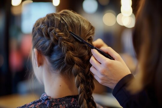 Hair stylist braiding long hair in salon setting with bokeh background